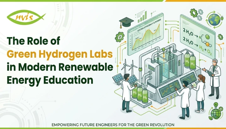 Green hydrogen lab setup with engineers studying electrolysis, renewable energy systems, and fuel cells